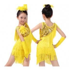 Yellow gold royal blue turquoise white fuchsia hot pink white royal blue red fringes sequins tank tassels competition performance professional latin salsa cha cha dance dresses outfits